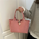 Red and white gingham tote bag with fabric handles and rope closure, casual fit