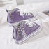 Lavender canvas high-top sneakers with white soles, laces, side zippers, and bold text.