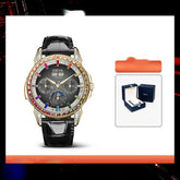 Gold case black dial watch with multicolored crystal bezel, black leather strap, luxury box included.