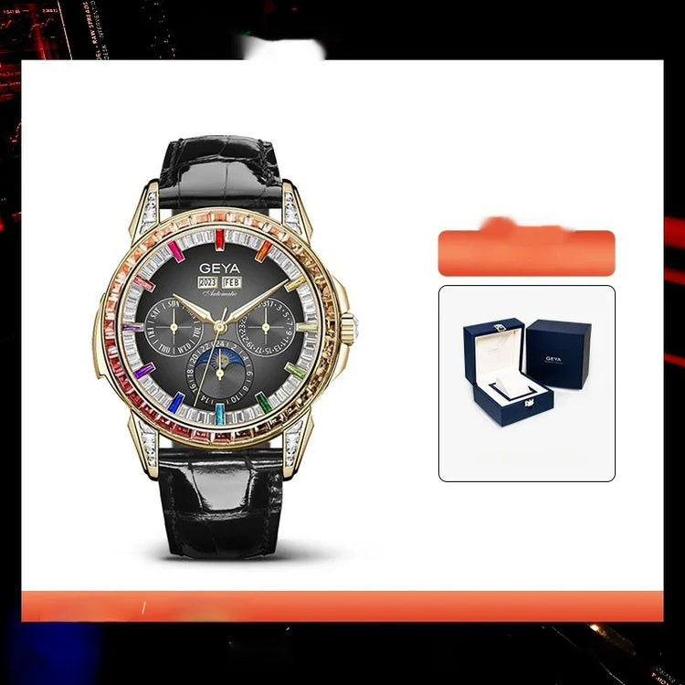Gold case black dial watch with multicolored crystal bezel, black leather strap, luxury box included.