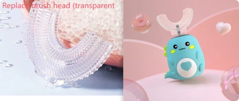 Transparent U-shaped silicone brush head and cute blue dinosaur-themed toothbrush for kids