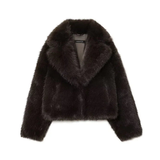 Cropped dark brown faux fur jacket with wide lapels and relaxed fit