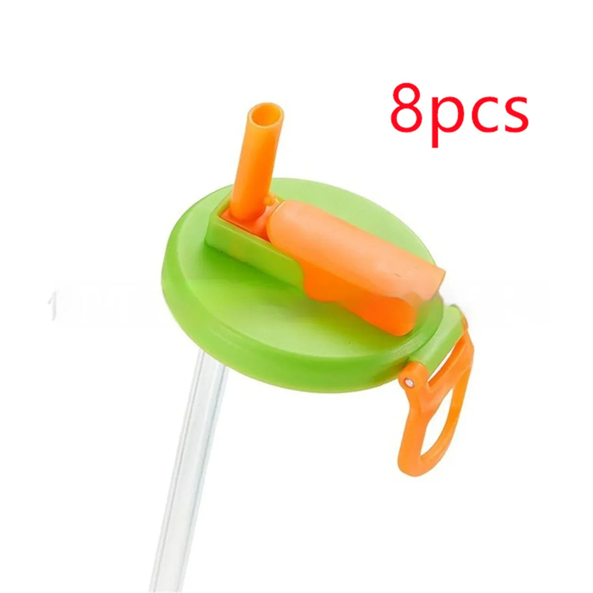 Green plastic lid with orange straw and handle, 8-piece set, suitable for bottles or cups