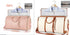 Two travel duffel bags, one pink and one beige with brown accents, shown with matching garment covers and mesh toiletry pouches, highlighting modern, functional design and spacious fit.