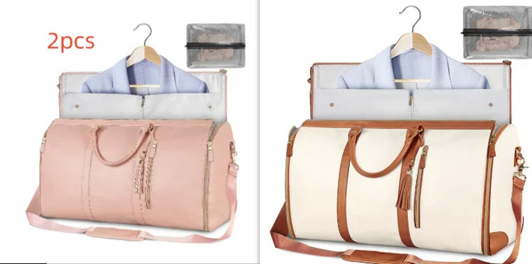 Two travel duffel bags, one pink and one beige with brown accents, shown with matching garment covers and mesh toiletry pouches, highlighting modern, functional design and spacious fit.