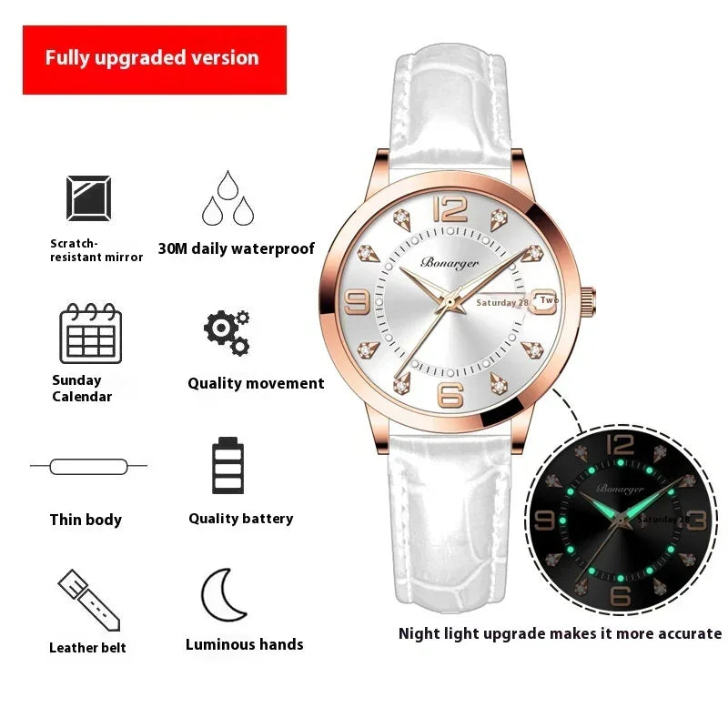 White leather strap wristwatch with rose gold case, luminous hands, and waterproof features