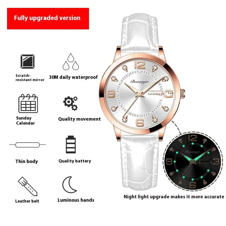 White leather strap wristwatch with rose gold case, luminous hands, and waterproof features