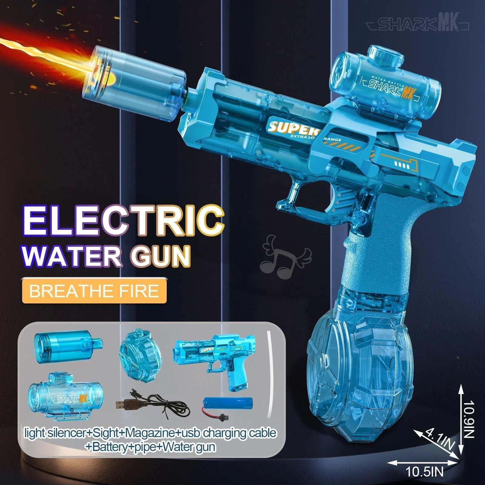 Translucent blue electric water gun with ergonomic grip, detachable accessories, and LED effects.