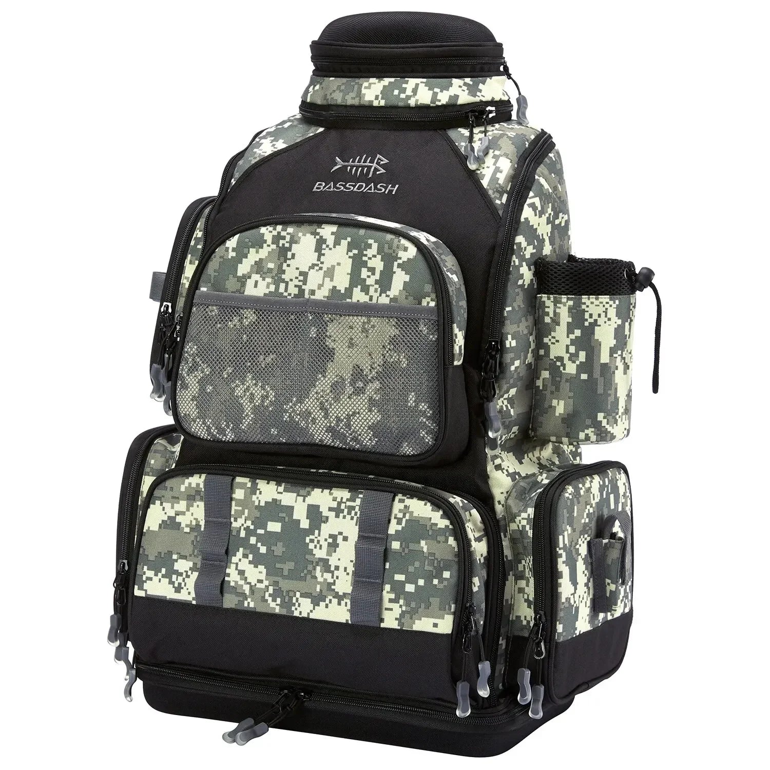 Digital camo backpack with multiple zippered pockets, mesh panel, and cup holder, durable fabric