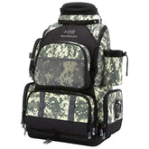 Digital camo backpack with multiple zippered pockets, mesh panel, and cup holder, durable fabric