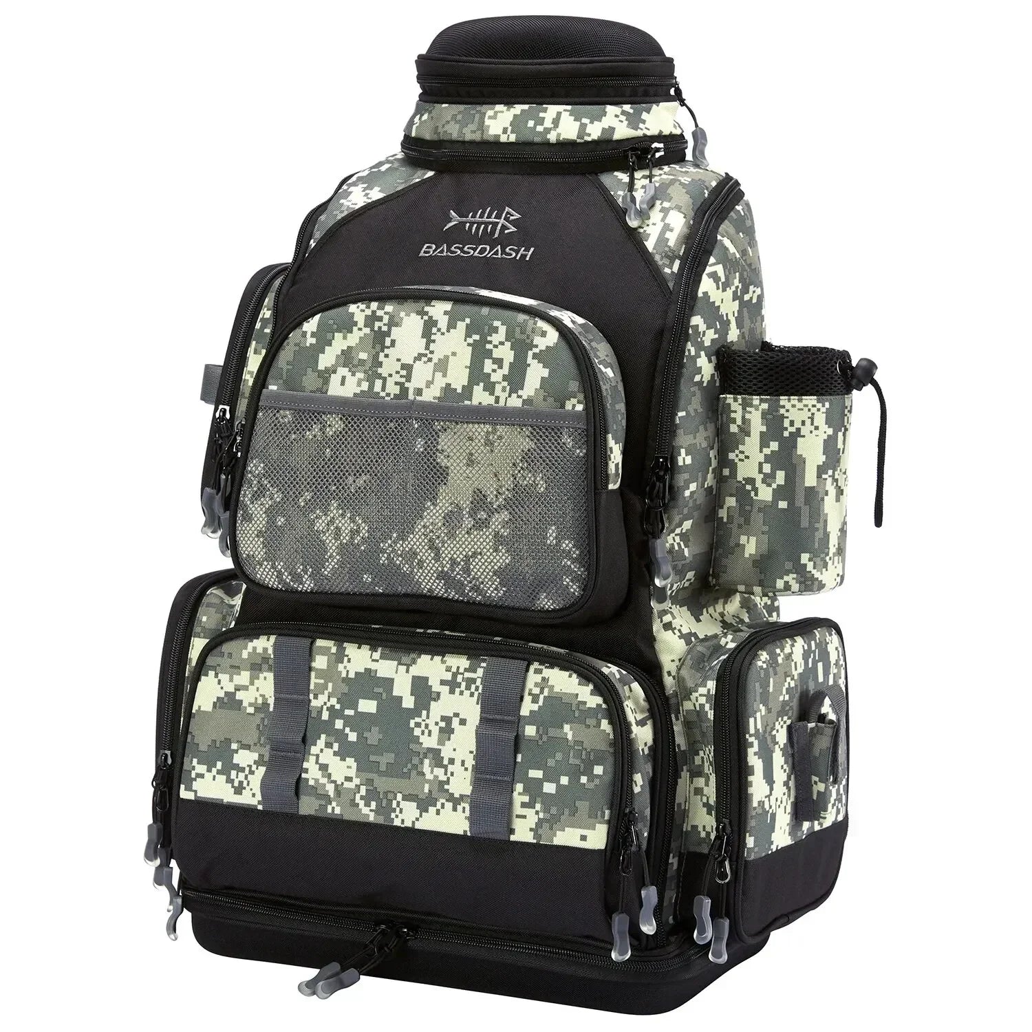 Digital camo backpack with multiple zippered pockets, mesh panel, and cup holder, durable fabric