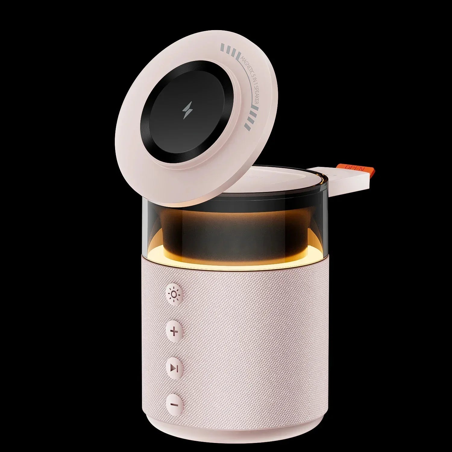 Modern pink wireless speaker with fabric texture, LED light, and touch controls