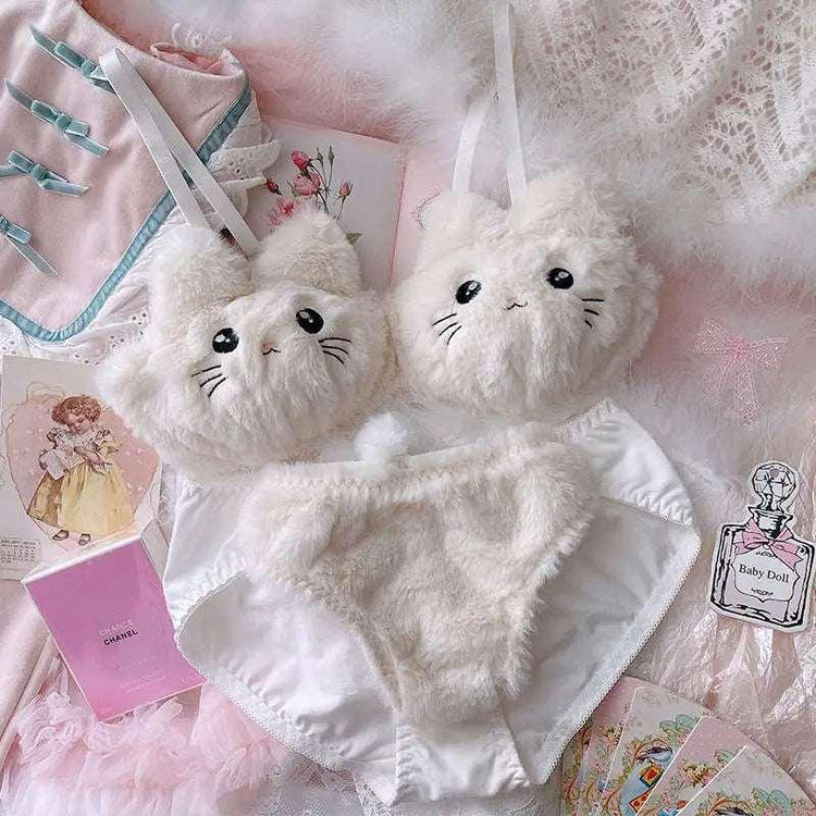 Fuzzy white cat-themed lingerie set with plush details, soft fabric, and cute animal face design.