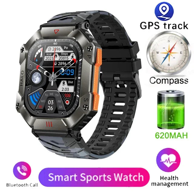Rugged smart sports watch with black silicone band, metal case, digital display, and multifunctional health tracking.