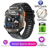 Rugged smart sports watch with black silicone band, metal case, digital display, and multifunctional health tracking.