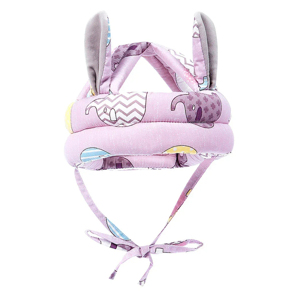 Padded cotton baby hat in light purple with elephant print and grey ear accents, adjustable fit.