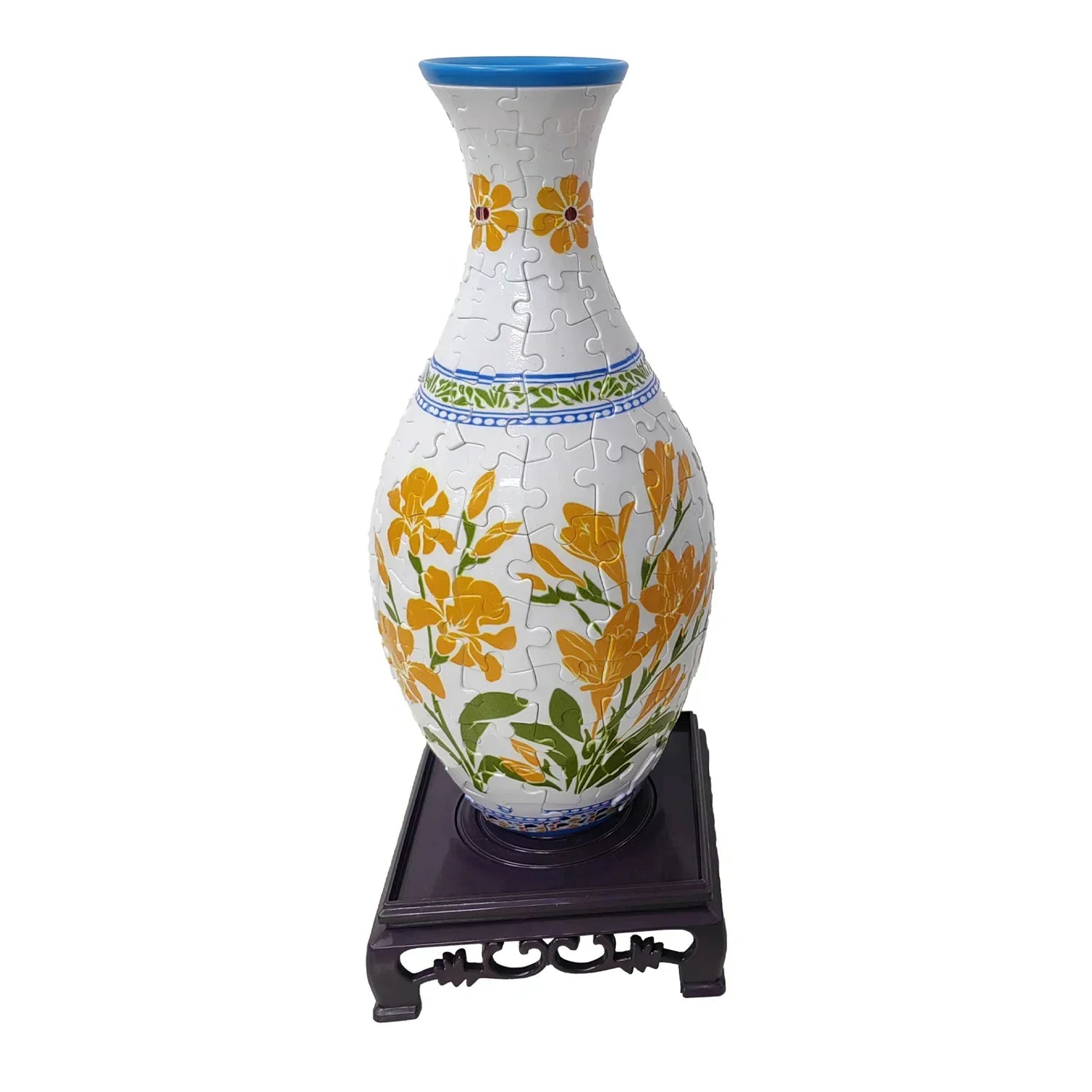 White puzzle vase with yellow floral pattern on dark wooden stand