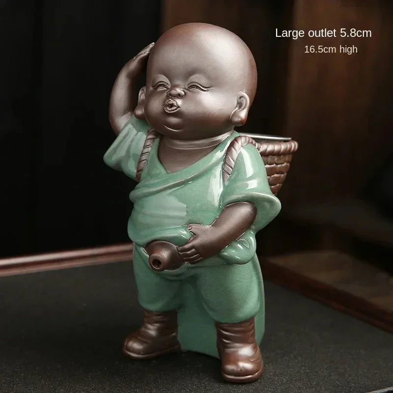 Ceramic figurine in green traditional-style clothing with a large basket and brown boots