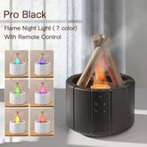 Black modern flame night light with seven color options, faux wood accents, and remote control.