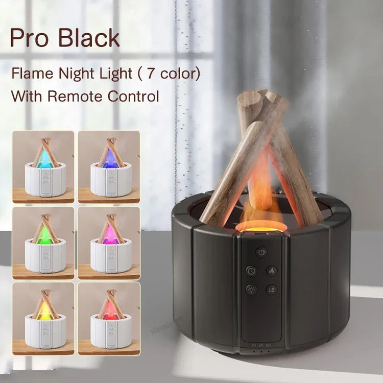 Black modern flame night light with seven color options, faux wood accents, and remote control.