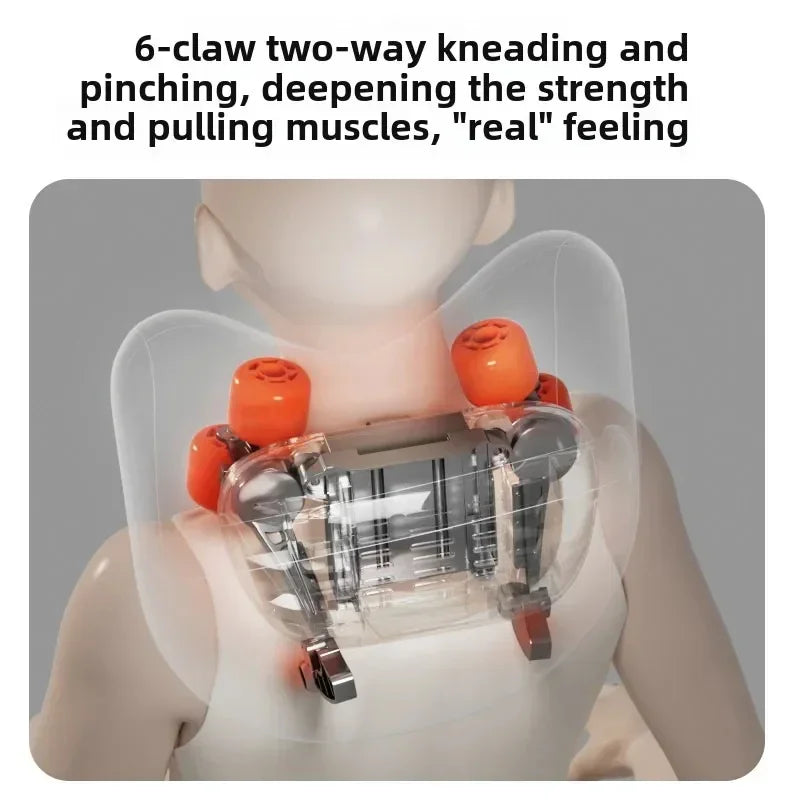 Futuristic neck and shoulder massager with orange kneading rollers on mannequin, ergonomic fit