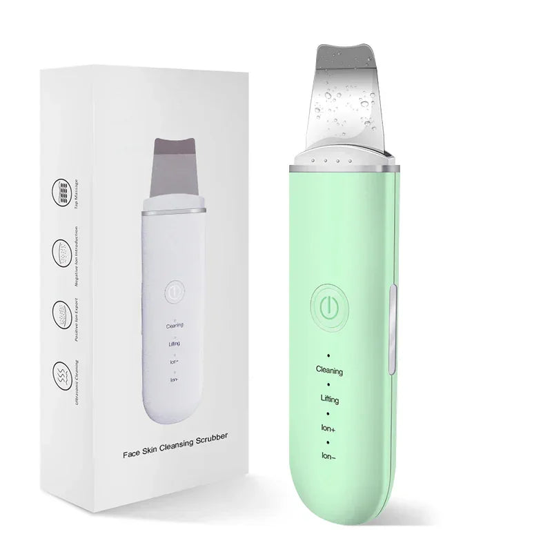 Mint green face skin cleansing scrubber with silicone body and metal spatula, shown with packaging