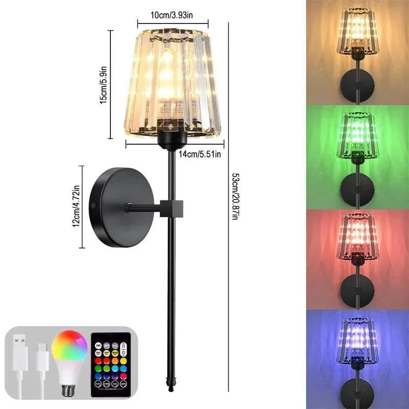 Modern wall lamp with clear glass shade, black metal body, remote control and color-changing LED light.