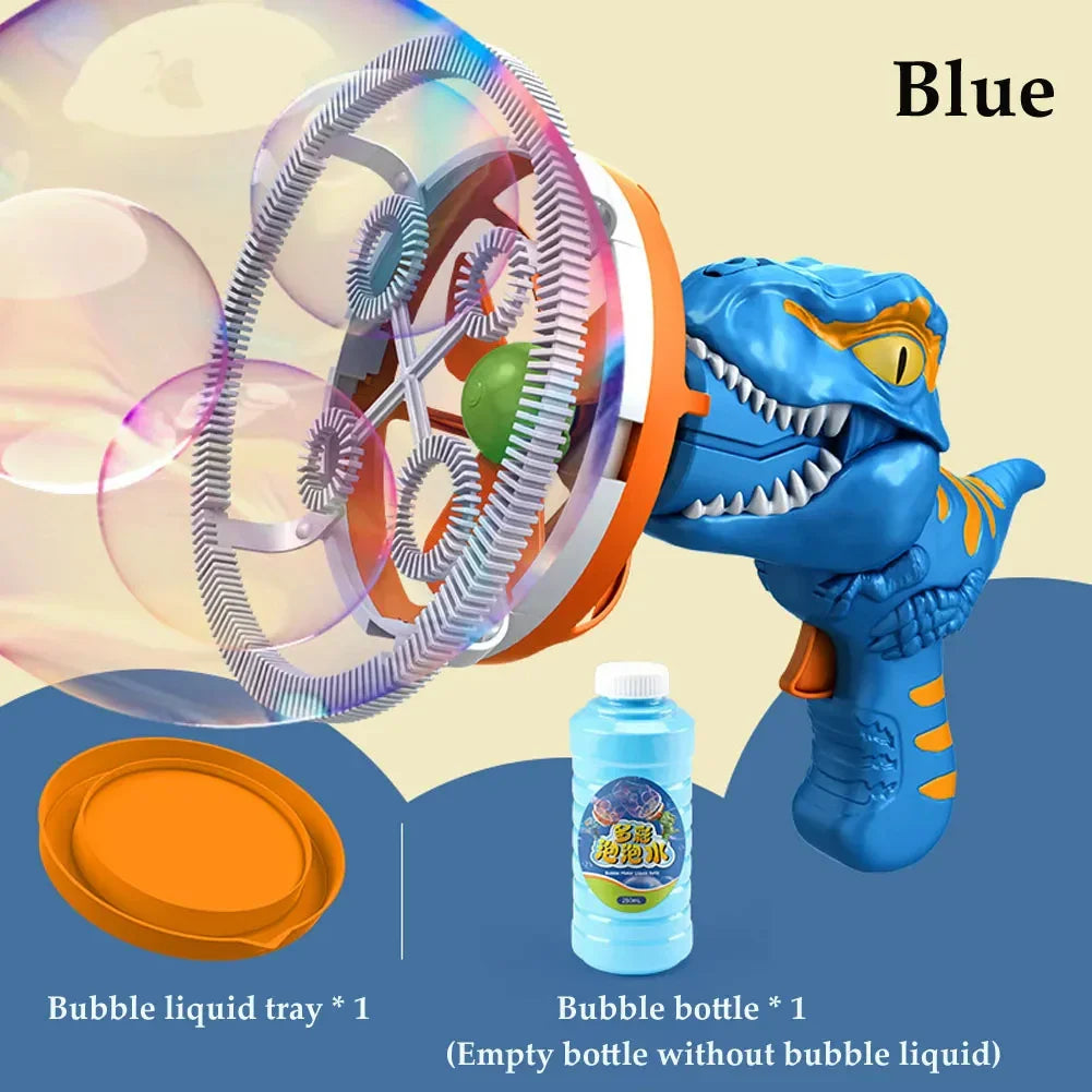 Blue dinosaur-shaped bubble gun with large bubble wheel, includes orange tray and empty bottle.