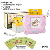 Pink electronic card reader with animal flashcards and USB cable for early education.