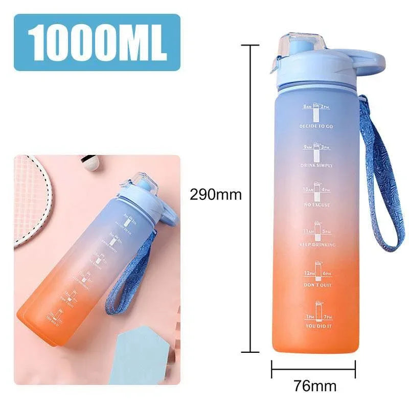 Gradient blue orange 1000ml water bottle, plastic with time marker, carrying strap, slim fit