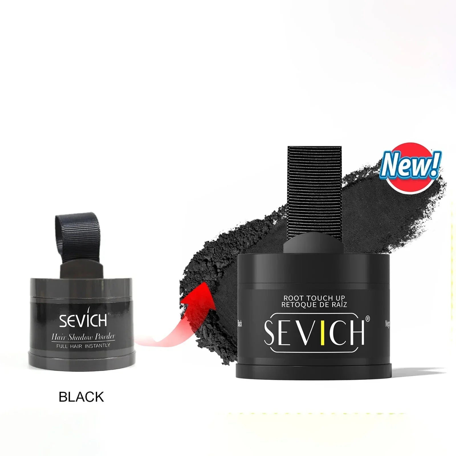 Black hair shadow powder root touch-up in matte container, with visible powder brush.