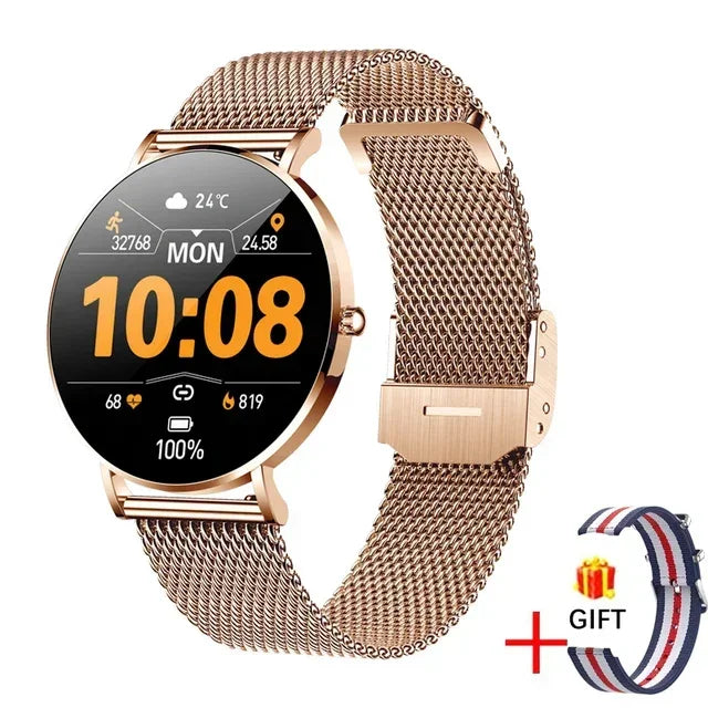 Rose gold mesh band smart watch with digital display and extra striped nylon strap