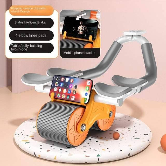 Orange and gray ab roller with padded arm rests, mobile phone holder, and large dual wheels for fitness and core exercise.