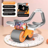 Orange and gray ab roller with padded arm rests, mobile phone holder, and large dual wheels for fitness and core exercise.