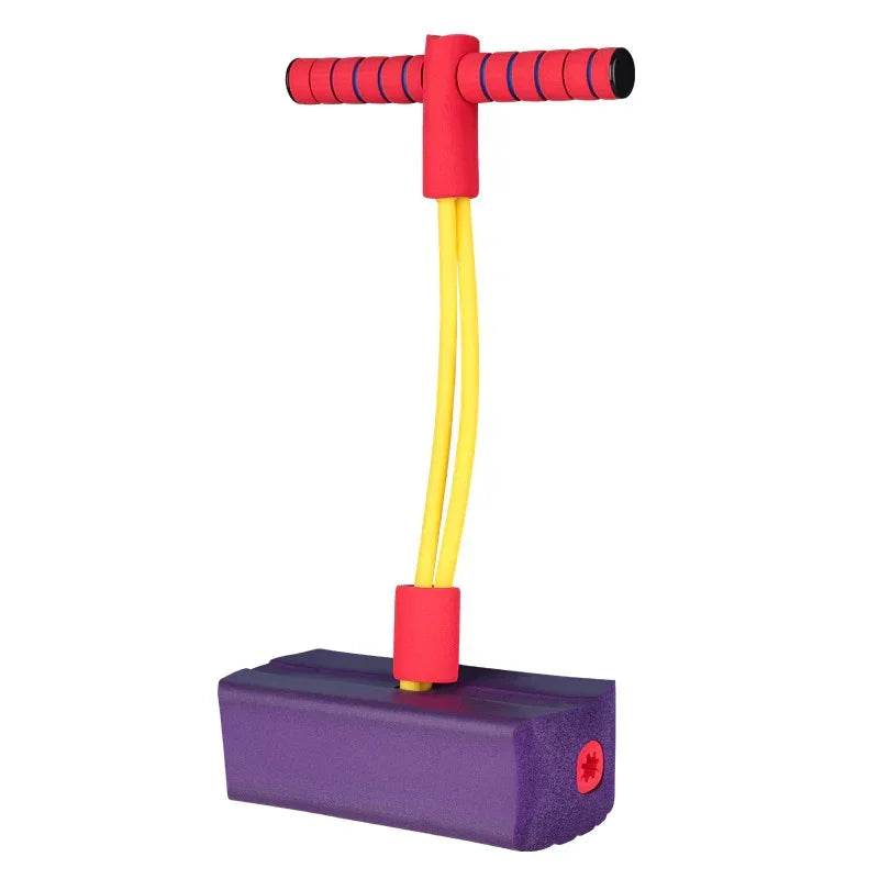Foam pogo jumper with purple base, yellow cords, and red handle for kids' active play.