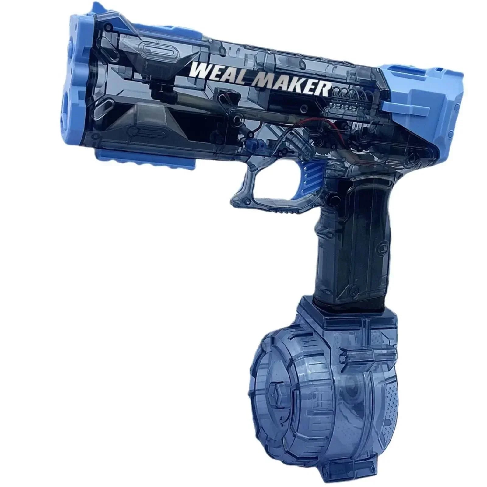 Blue and black translucent plastic toy gun with drum magazine, futuristic design