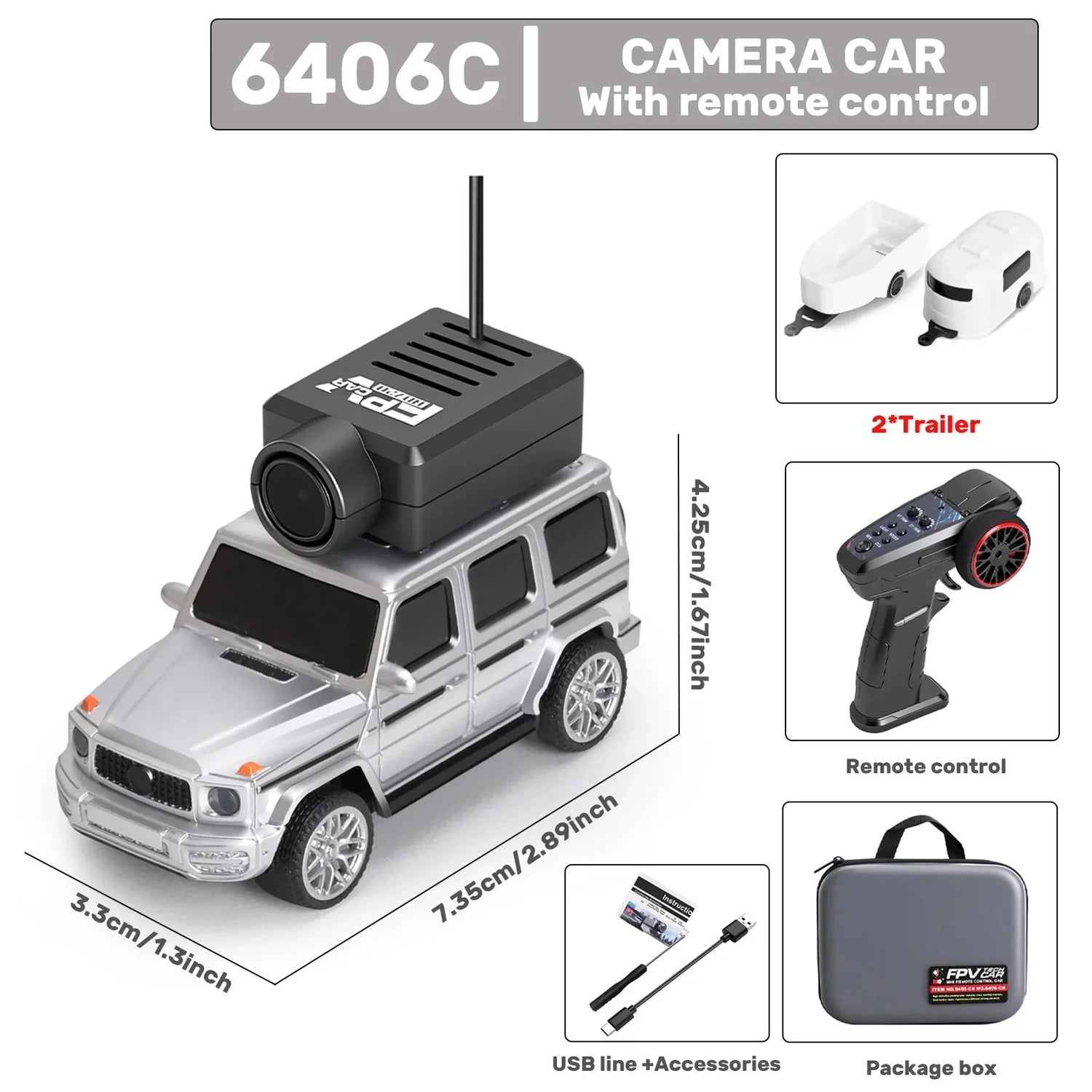 Silver remote control camera car with trailers, controller, USB accessories, and carry case