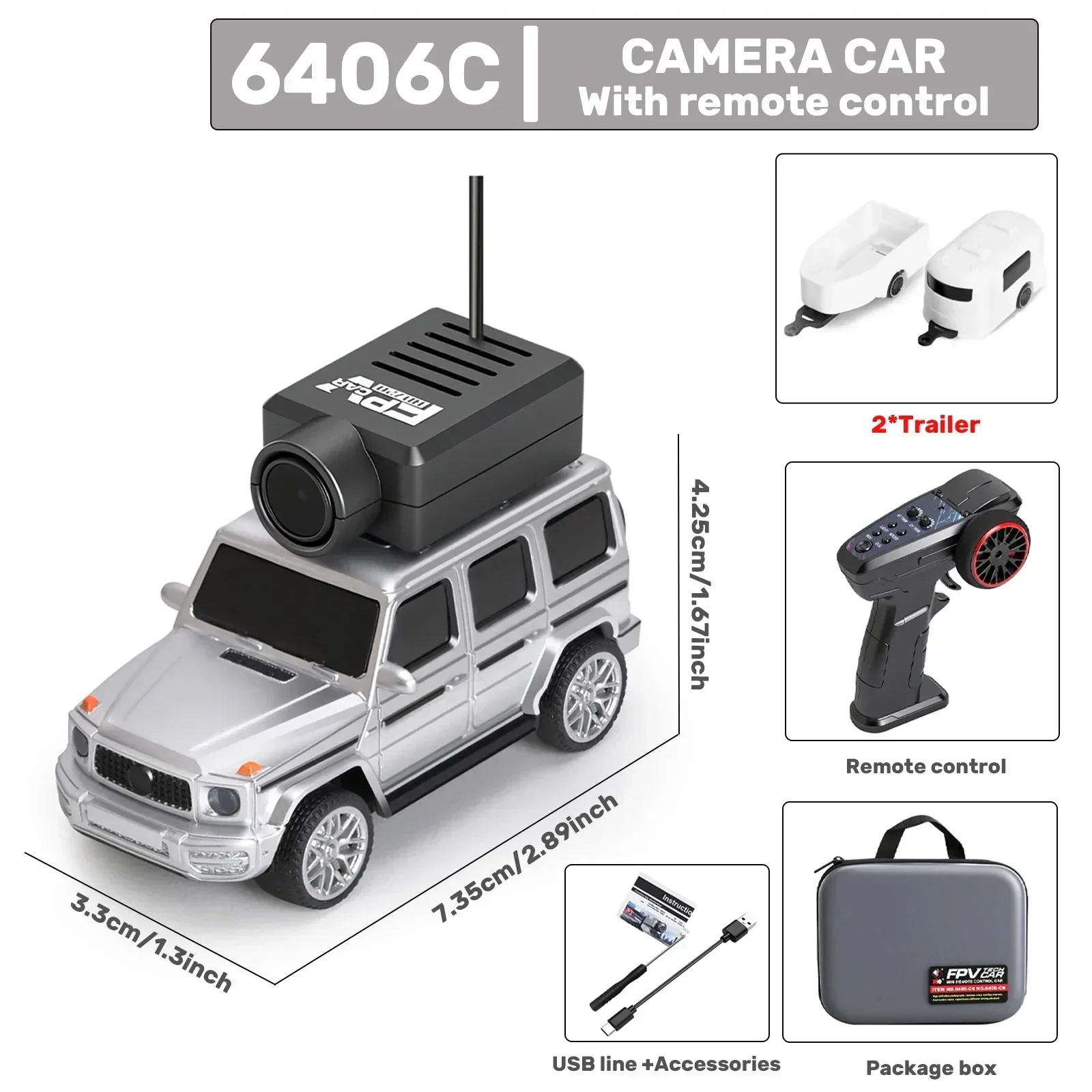Silver remote control camera car with trailers, controller, USB accessories, and carry case