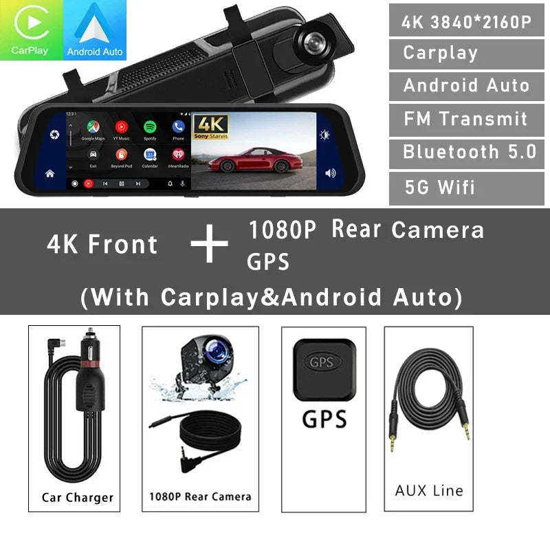 4K dash cam with touchscreen display, 1080P rear camera, GPS, car charger, and AUX cable