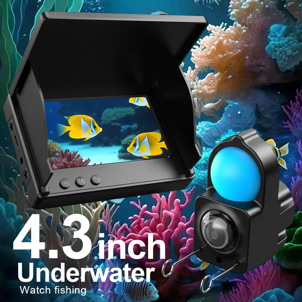 4.3 inch underwater fishing camera with LCD monitor, coral reef background, and colorful fish.