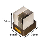 Glass optical prism cube on black base with labeled dimensions 38mm x 31mm x 35mm