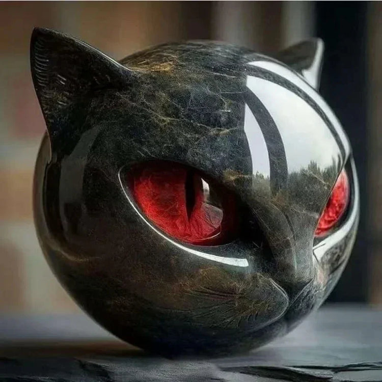 Glossy black marble cat sculpture with red eyes and rounded features on dark background.