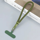 Olive green nylon wrist lanyard with T-shaped attachment, minimalist style.