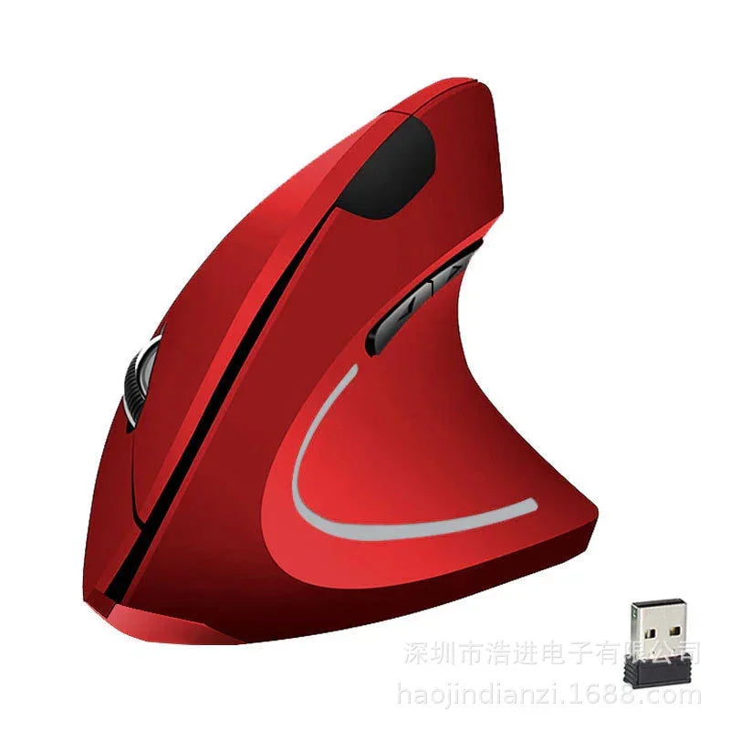 Red ergonomic vertical wireless mouse with USB receiver, sleek futuristic design