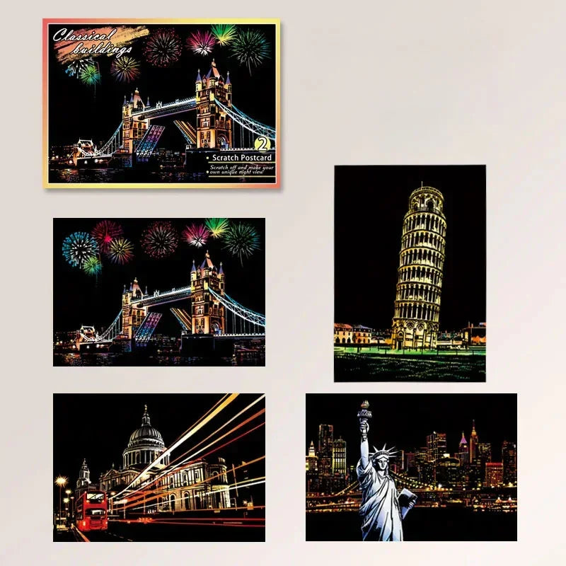 Assorted scratch art postcards featuring iconic world landmarks at night in vibrant neon colors.