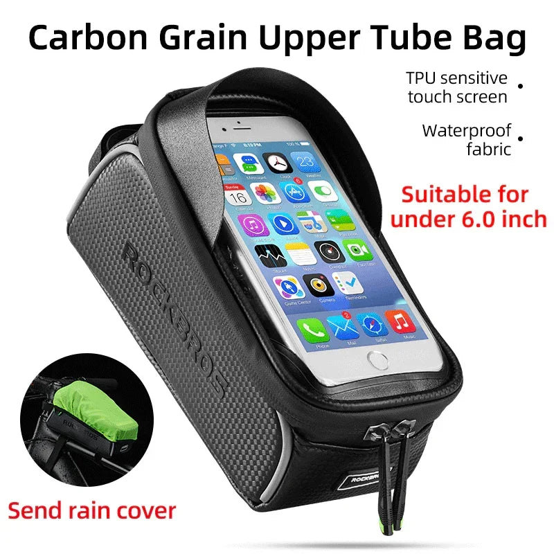 Black carbon grain bike upper tube bag with waterproof fabric, TPU touch screen, fits phones under 6 inches, includes rain cover.