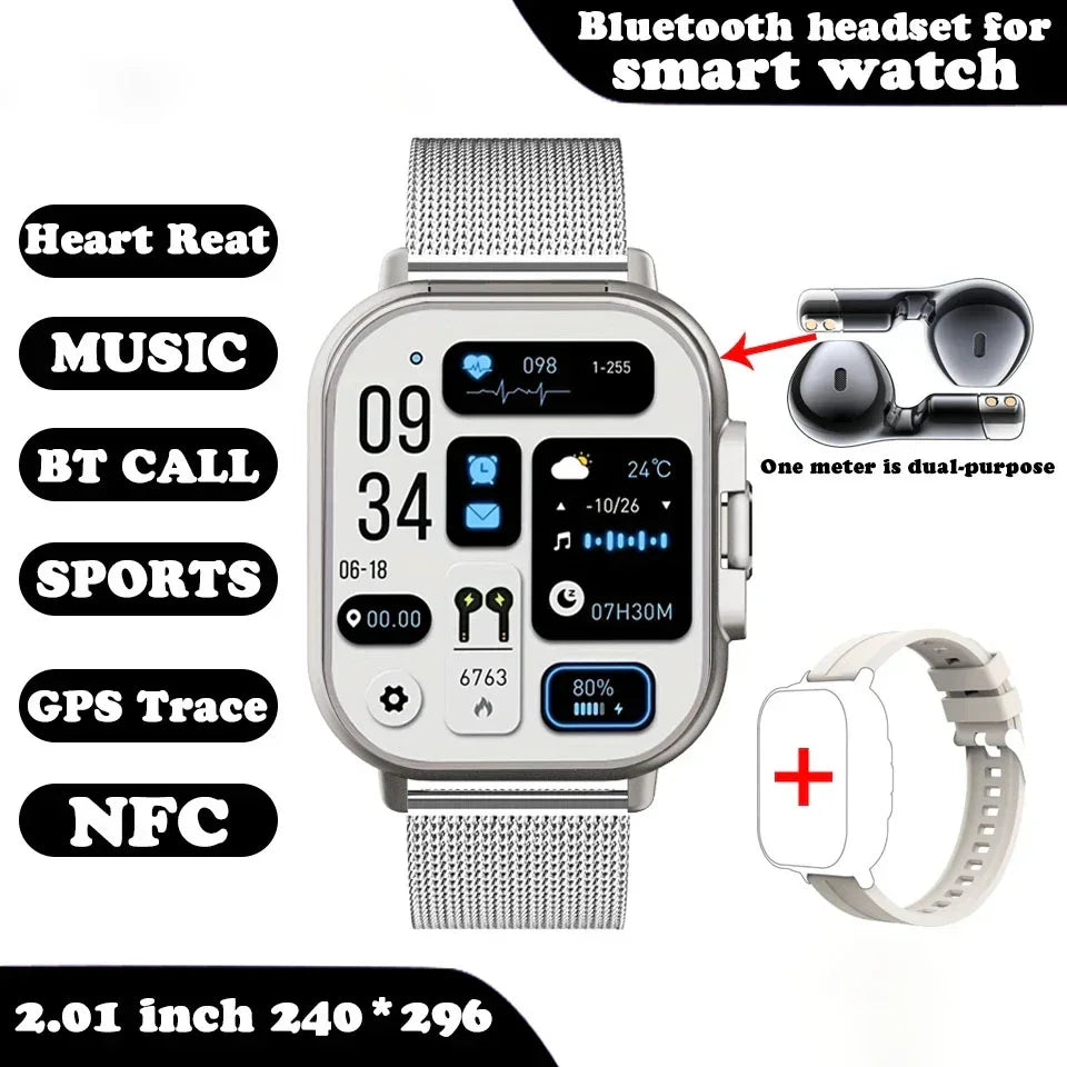 Silver mesh band smartwatch with large rectangular display, fitness tracking, Bluetooth call, and music features.