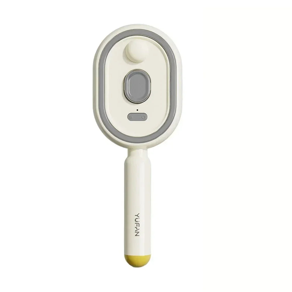 Cream and yellow electronic handheld device with ergonomic handle and circular button, modern design