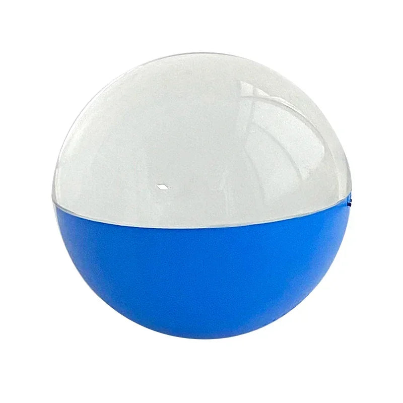 Spherical blue and white plastic container with a glossy surface
