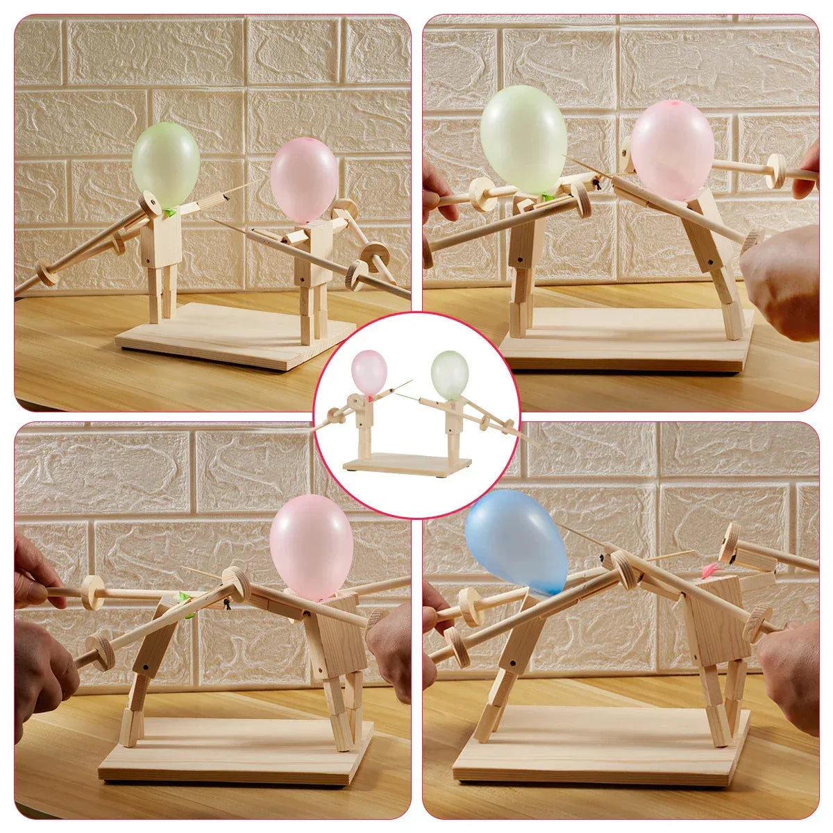 Wooden tabletop jousting game with balloon-headed figures and fencing swords, natural finish